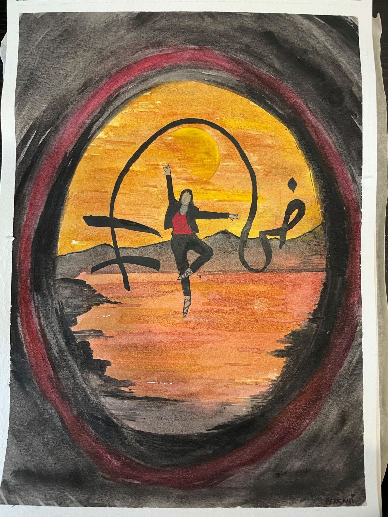 Image of the Ballerina within two Black and one red circles, and within Arabic and Tamzight letters, dancing on the sea with mountain backdrop
