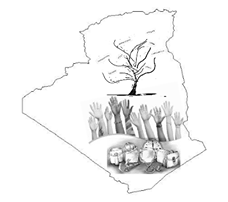 Map of Algeria with tree inside with unclear messages in the branches. Below the tree, within Algerian map, are many hands reaching up out of the earth. Below them are symbols of different trades.